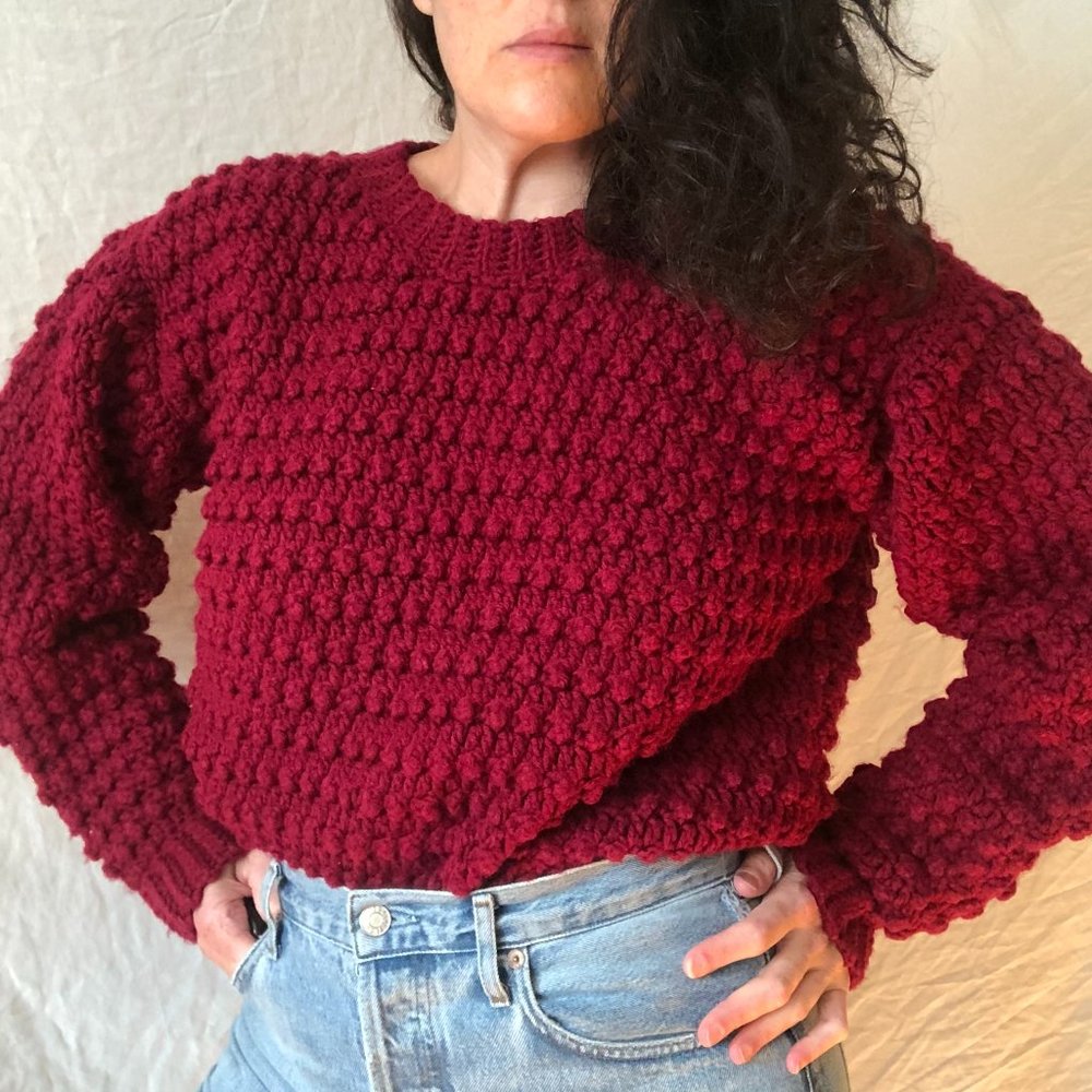Vtg Hand Knit Bobble Pompom Popcorn Wool Sweater